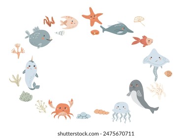 Lindo marco marino con animales marinos, concha, delfín y otros habitantes del océano. Diseño pastel de vivero. Fondo de animales marinos para niños.