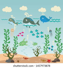 Cute marine habitats cartoon vector illustration. Fish swimming under the sea