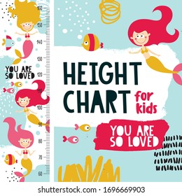 Cute marine height chart meter for little girl with mermaids, fishes, bubbles, undersea