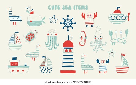 Cute marine items, elements of nature. Summer accessories, set of items. Lighthouse, steering wheel, crab, seahorse, whale, starfish and others. Baby flat vector illustration.
