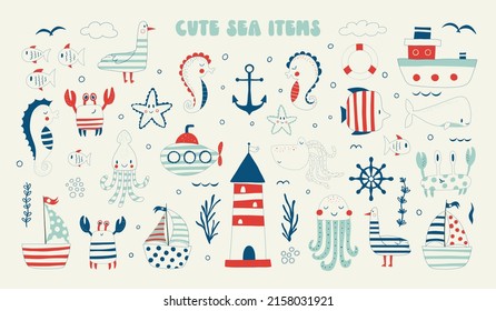 Cute marine items, elements of nature. Summer accessories, set of items. Lighthouse, steering wheel, crab, seahorse, whale, starfish and others. Baby flat vector illustration.