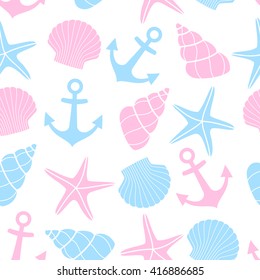 Cute marine life Background. Nautical seamless pattern with starfish, shell, anchor on white background. Baby shower vector illustration. Sea theme. Design for fabric and decor.