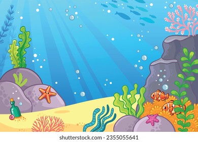 El ambiente marino. Ilustración vectorial con paisaje submarino, peces, corales, peces estrella y rocas en estilo de dibujos animados. Habitantes de la naturaleza oceánica.
