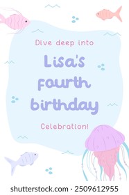 Cute marine life birthday card for kids. Underwater-themed fourth birthday invitation with fish and jellyfish in light tones