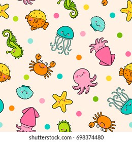 Cute marine life cartoon seamless pattern with colorful dots