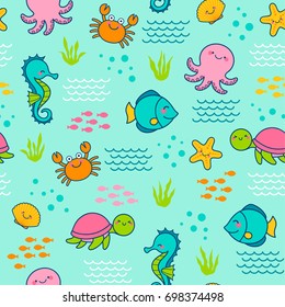 Cute marine life cartoon seamless pattern with wave and seaweed