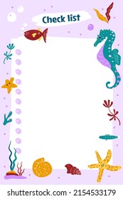 Cute marine life To do planer Template. Tagesliste für die Überprüfung des Lebens auf See. Organizer und Zeitplan mit Unterwasserkreaturen und Pflanzen. Farbige Cartoon-Vektorgrafik