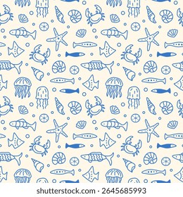 Cute marine life seamless pattern hand drawn in doodle style. Blue abstract linear illustration of underwater animals fish, jellyfish, crab, seashell, starfish.