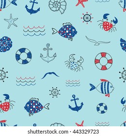 Cute marine life seamless pattern. Doodle vector sea background with fish, crab, starfish, anchor, seagull. Suitable for wallpaper, wrapping paper, web page background, summer cards design.