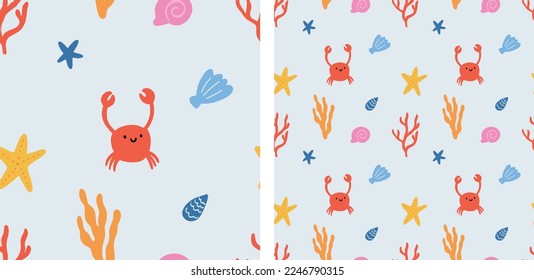 Cute Marine Life Underwater Seamless Pattern Nursery Kids Hand-Drawn Vector Illustration