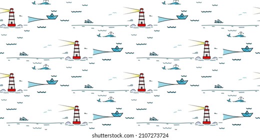 Cute marine lighthouse seamless pattern. Creative kids texture with funny animals for apparel, textile, fabric, wrapping, wallpaper. Vector