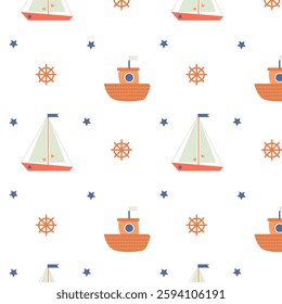 Cute marine pattern with boats and anchor on a white background