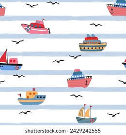 Cute marine pattern with cartoon boats. Seamless vector sea print with cute ships and seagulls