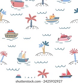 Cute marine pattern with cartoon ships and palm trees. Seamless vector sea print