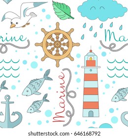 Cute Marine pattern for fabric, baby clothes, background, textile, wrapping paper and other decoration. Vector illustration
