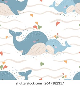 Cute marine pattern with mom and baby whales and hearts. Seamless vector sea print.
