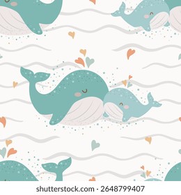 Cute marine pattern with mom and baby whales and hearts. Seamless vector sea print.
