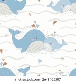 Cute marine pattern with mom and baby whales and hearts. Seamless vector sea print.
