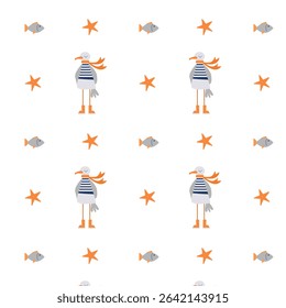 Cute marine pattern with a seagull and fish on a white background for children's clothing and textiles