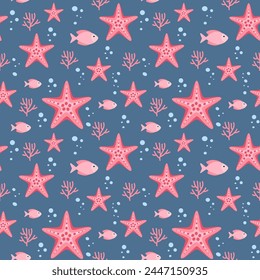 Cute marine seamless pattern in cartoon style. Illustration of starfish, fish and coral in flat design.
