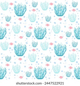 Cute marine seamless pattern in cartoon style. Illustration of coral in flat design.
