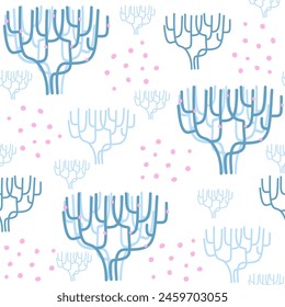 Cute marine seamless pattern with in coral in flat design. Coral illustration in cartoon style.
