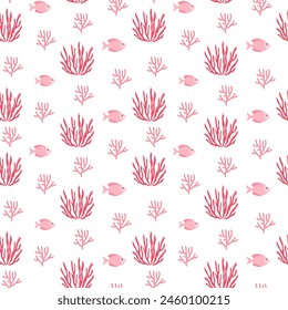 Cute marine seamless pattern with in coral in flat design. Coral illustration in cartoon style.

