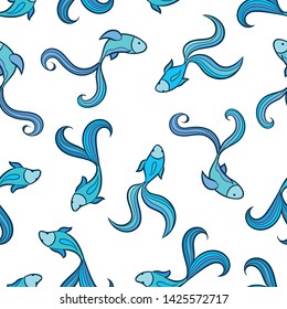 Cute marine seamless pattern with fish. Texture for wallpapers, fabric, wrap, web page backgrounds, vector illustration