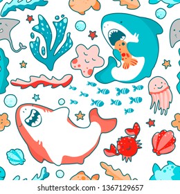 Cute marine seamless pattern with kawaii sharks, animals and algae, underwater world