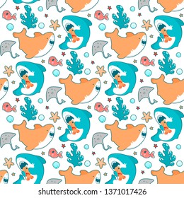 Cute Marine Seamless Pattern With Kawaii Sharks, Animals And Algae, Underwater World