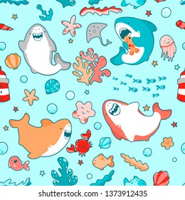 Cute marine seamless pattern with kawaii sharks, animals and algae, underwater world