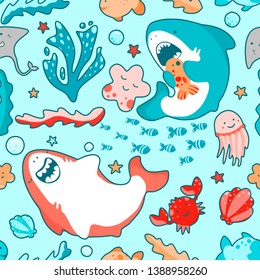 Cute marine seamless pattern with kawaii sharks, animals and algae, underwater world
