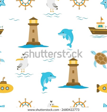 cute marine seamless pattern with lighthouse, dolphin, turtle, seagull and submarine, funny print for kids fabric or wallpaper