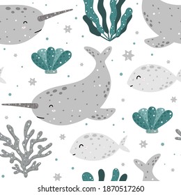 Cute marine seamless pattern with narwhal, fish, coral, shell and abstract elements. Hand drawn Scandinavian style vector illustration.