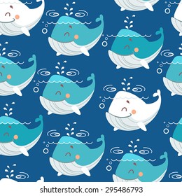 Cute marine seamless pattern with smiling whales. Suitable for kids design, textile design, wallpaper. Vector illustration
