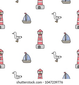 Cute marine seamless pattern. Vector background with lighthouse, sailing ship, seagull. Suitable for wallpaper, wrapping paper, web page background, summer cards design.
