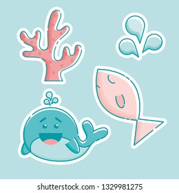 Cute marine sticker pack: laughing whale, corals, water drops and fish. Linear style illustration. Pink background. Vector.