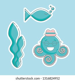 Cute marine sticker pack: smiling octopus in glasses and a hat, seaweed and sleeping fish with bubbles. Linear style illustration. Vector.