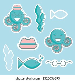 Cute marine sticker pack: smiling octopuses, glasses, a hat, seaweeds and fish. Linear style illustration. Vector.