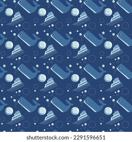 cute marine themed vector seamless pattern with whale, ship, and bubbles. for gift wrappers and background