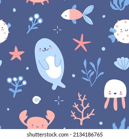 Cute marine underwater pattern. Sea animals baby print. Seamless doodle vector pattern for textile, fabric, nursery.