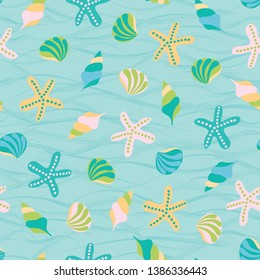 Cute marine vector illustration background. Seamless pattern of seashells. Perfect for fabric, invitations, greeting cards, posters, prints, banners, flyers etc. Surface pattern design.
