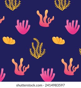 Cute marine vector seamless pattern with colorful seaweed, seaweed, seashells