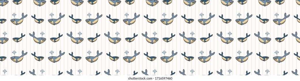 Cute marine whale and calf cartoon seamless vector border. Aquatic life biology humpback whale for childrens kawaii illustration. Sealife all over print on check background. Kids ocean mammal. 