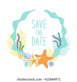 Cute marine wreath as hand drawn shells and starfishes can be used as decorative element for beach wedding card