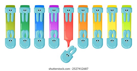 Cute markers set. Colorful highlighters for kids with bunny character caps. Multicolored marker pens school or office stationery supplies. Vector cartoon illustration isolated on a white background.