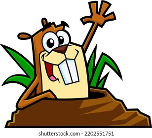 Cute Marmot Cartoon Character Emerging From A Hole And Waving. Vector Hand Drawn Illustration Isolated On Transparent Background