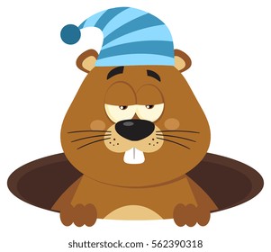 Cute Marmot Cartoon Mascot Character With Sleeping Hat Emerging From A Hole. Vector Illustration Flat Design Isolated On White Background