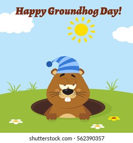 Cute Marmot Cartoon Mascot Character With Sleeping Hat Emerging From A Hole. Vector Illustration Flat Design With Background And Text Happy Groundhog Day