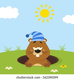 Cute Marmot Cartoon Mascot Character With Sleeping Hat Emerging From A Hole In Groundhog Day. Vector Illustration Flat Design With Background